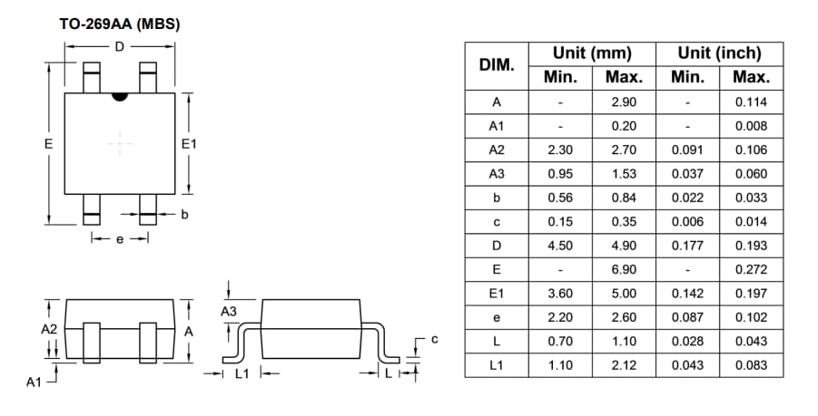 Mechanical Drawing - Taiwan Semiconductor MBS2 to MBS10 Standard Bridge Rectifiers